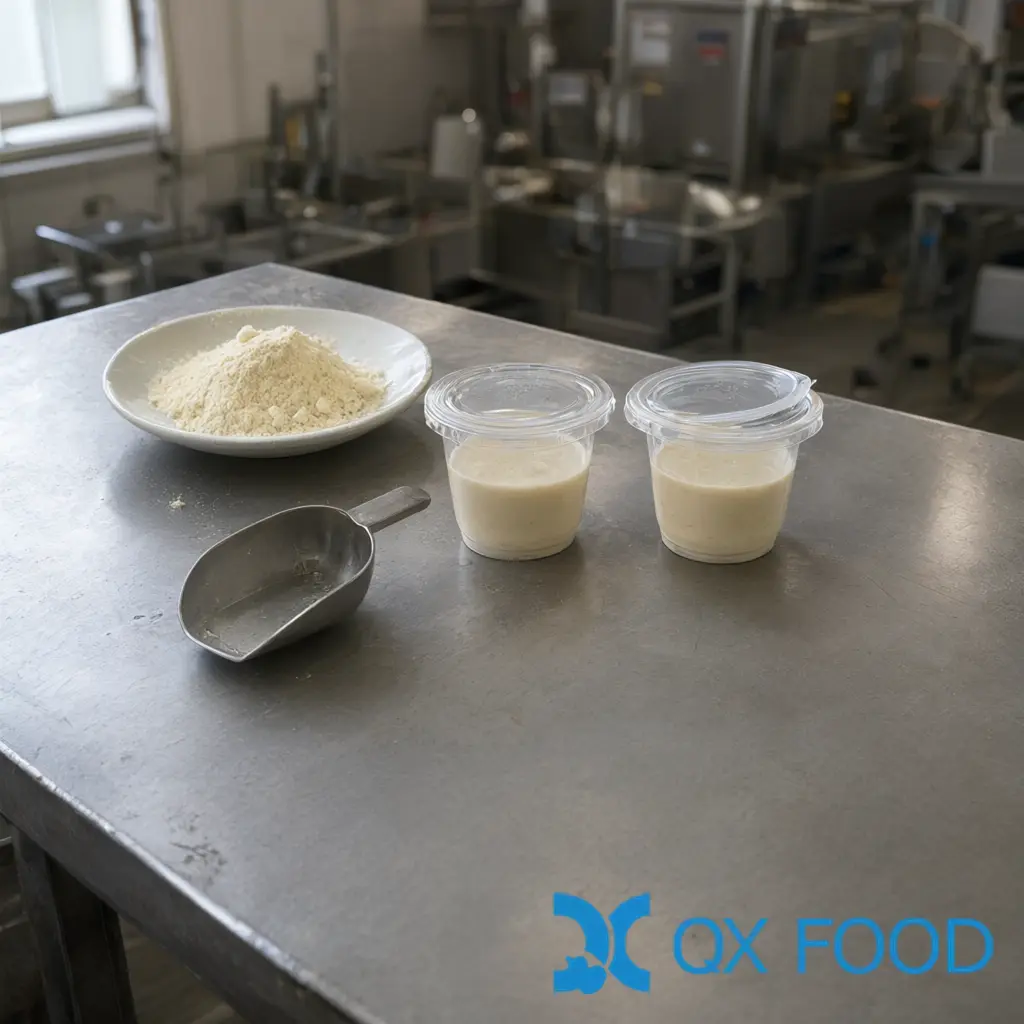 Garlic powder sensory evaluation setup with a fine powder dish and lidded sauce samples
