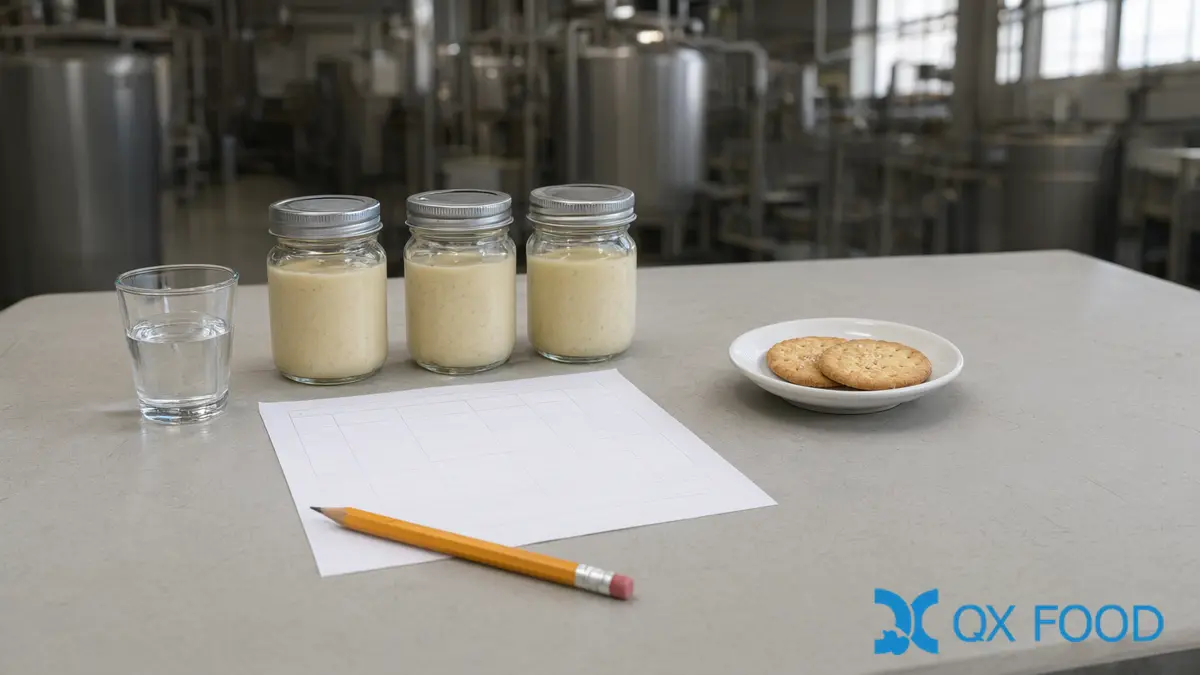 Garlic Powder Sensory Evaluation: Comparing Samples in the Finished Food 5 Sealed garlic sauce sample jars and a blank score sheet on a sensory evaluation table