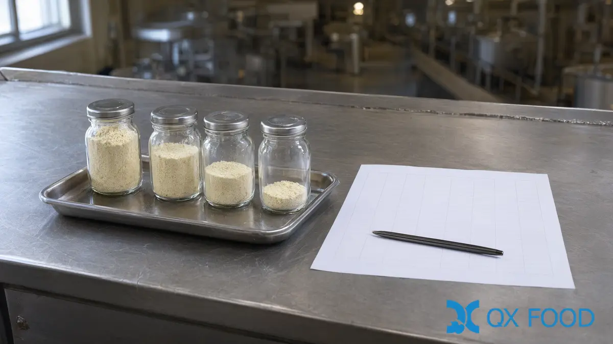 Garlic Powder Sensory Evaluation: Comparing Samples in the Finished Food 6 Retained garlic powder sample jars beside a blank comparison record and a pen