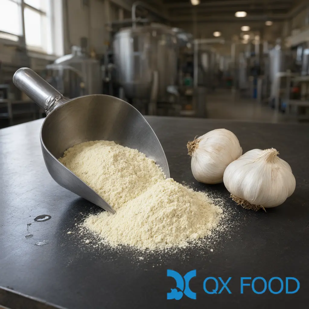 Garlic Powder Specification: How to Read Every Line Before You Buy 2 A stainless steel scoop of pale cream garlic powder beside whole garlic bulbs on a quality-control bench