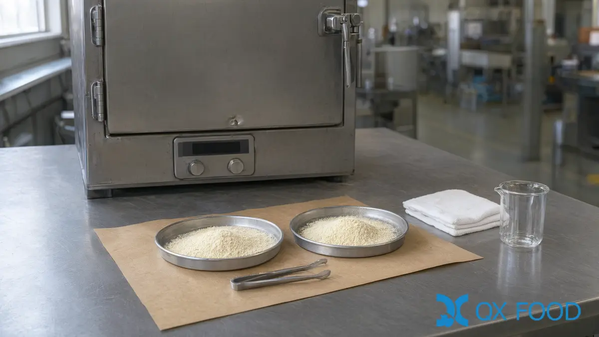 Garlic Powder Specification: How to Read Every Line Before You Buy 3 Aluminum moisture dishes of garlic powder beside a vacuum oven on a laboratory bench
