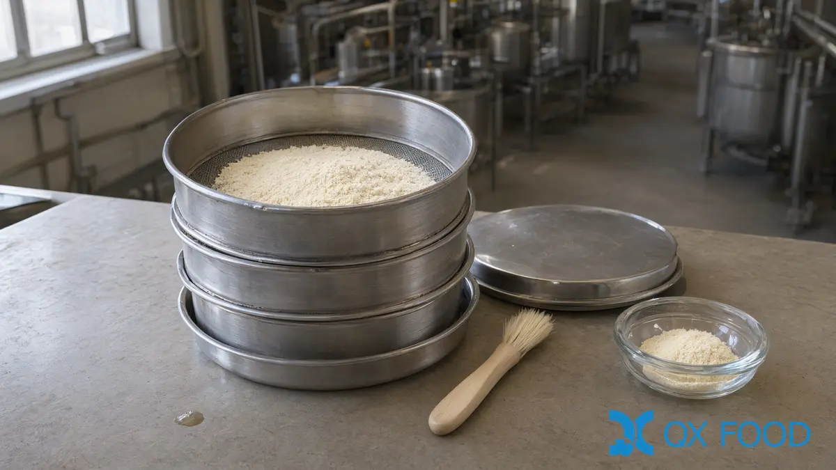 Garlic Powder Specification: How to Read Every Line Before You Buy 4 Stacked stainless steel testing sieves used for a garlic powder specification test on a laboratory bench
