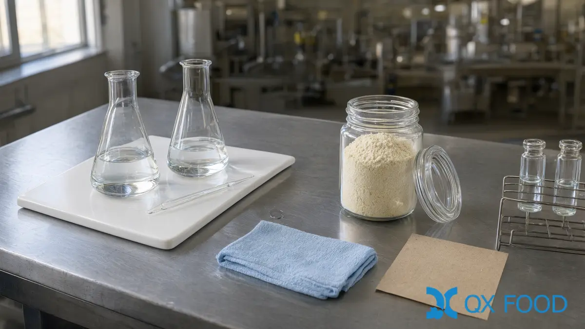 Garlic Powder Specification: How to Read Every Line Before You Buy 5 Two glass conical flasks of clear liquid on a white tile beside an open jar of garlic powder on a laboratory bench