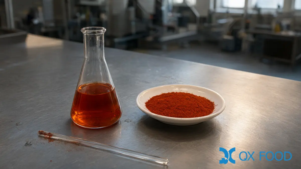 Gochugaru Specification: What Buyers Write in a Korean Red Pepper Powder Contract 4 An Erlenmeyer flask of deep red pepper extract beside a dish of bright red gochugaru on a laboratory bench