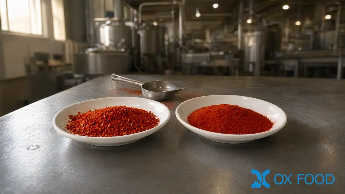 Gochugaru Specification: What Buyers Write in a Korean Red Pepper Powder Contract 3 Two shallow white dishes comparing coarse gochugaru flakes with a fine red pepper powder grind on a stainless bench