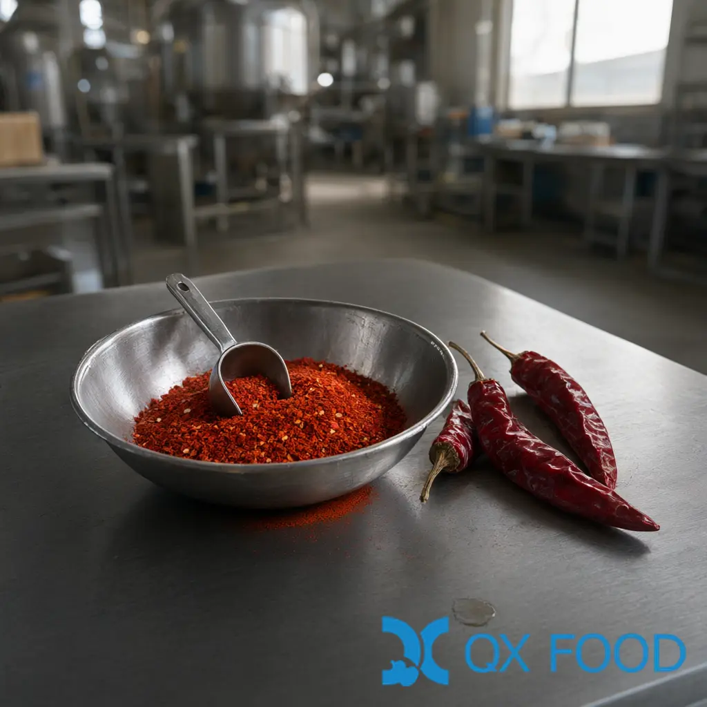 Home 14 Coarse gochugaru specification sample in a stainless bowl beside whole dried red peppers on a quality-control bench