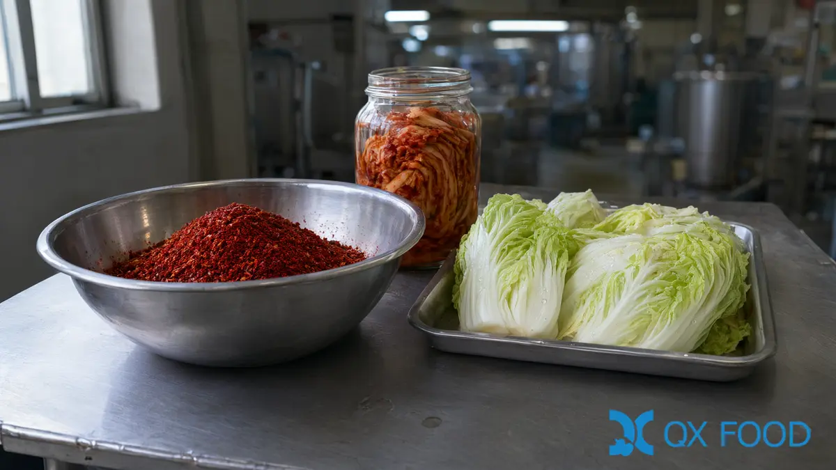 Gochugaru Specification: What Buyers Write in a Korean Red Pepper Powder Contract 5 A stainless bowl of coarse gochugaru beside a tray of napa cabbage quarters and a jar of kimchi on a prep table