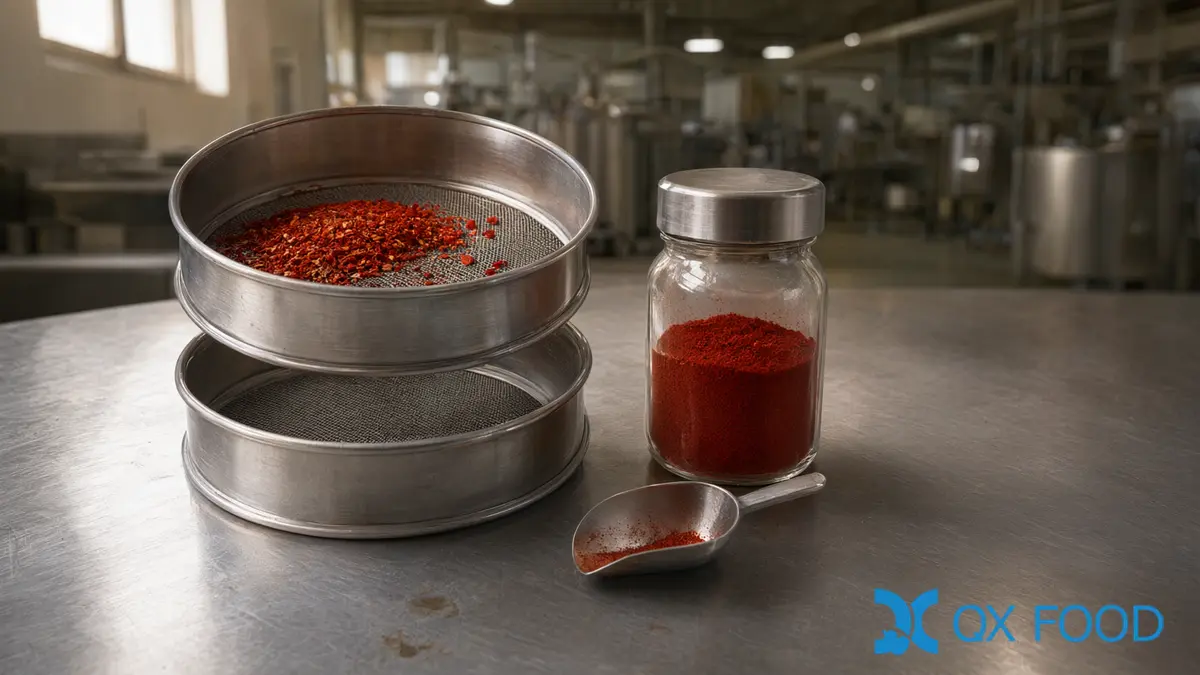 Gochugaru Specification: What Buyers Write in a Korean Red Pepper Powder Contract 6 A stack of stainless test sieves used for gochugaru specification checks, beside a sealed sample jar on a quality-control bench