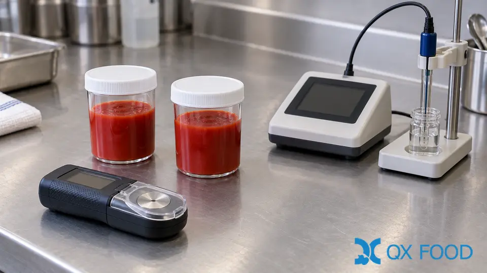 Prepared ketchup sample cups beside a closed refractometer and a laboratory pH meter