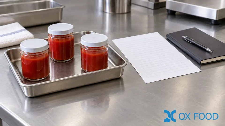 Retained sauce samples beside a blank ruled sheet and a closed notebook with a pen