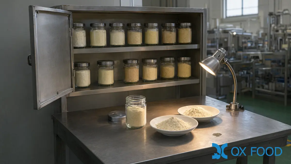 Sealed sample jars of onion powder beside two shallow dishes under a bench lamp for an onion powder color check