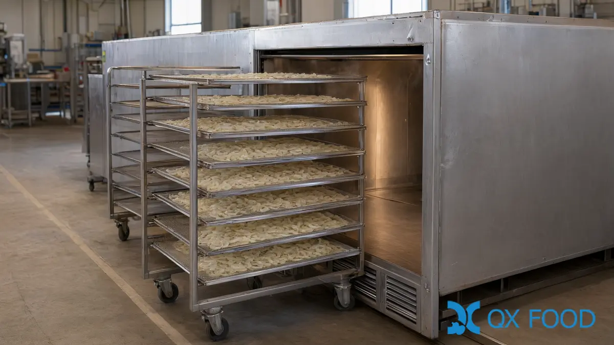 Stainless steel mesh drying trays loaded with sliced onions on a trolley rack inside a hot-air tunnel dryer