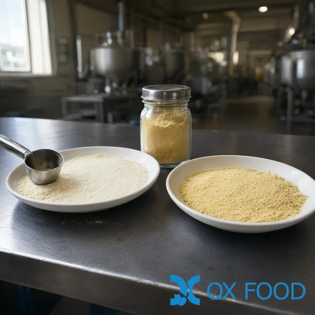 Home 15 Onion powder color comparison on a quality-control bench, two shallow dishes showing different shades beside a sealed sample jar
