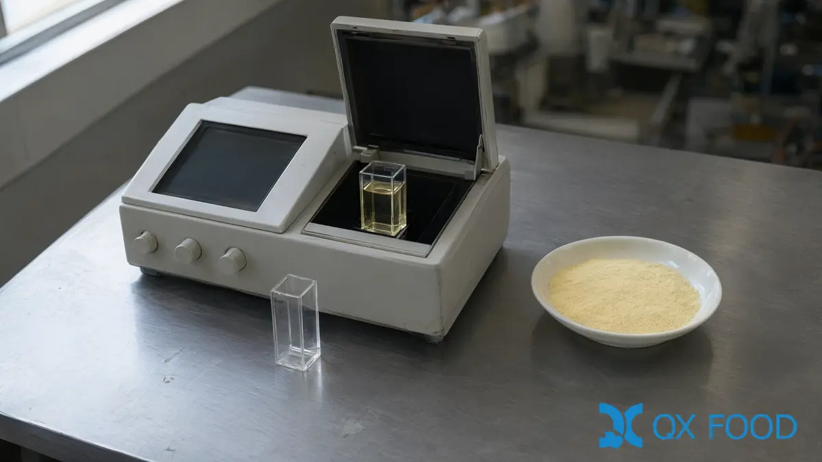 Spectrophotometer with its sample compartment open and cuvettes of clear extract beside a dish of onion powder