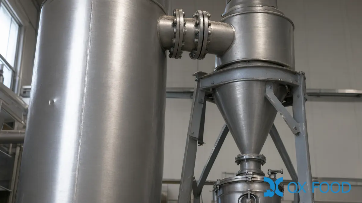 A stainless steel spray drying tower and cyclone separator in a food powder plant
