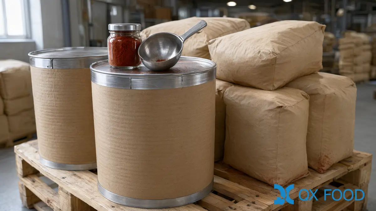Spice Sterilization Methods for Chili Powder: Steam, Irradiation and EtO 6 Fiber drums and paper sacks of chili powder on a pallet in a dispatch area with a sample jar