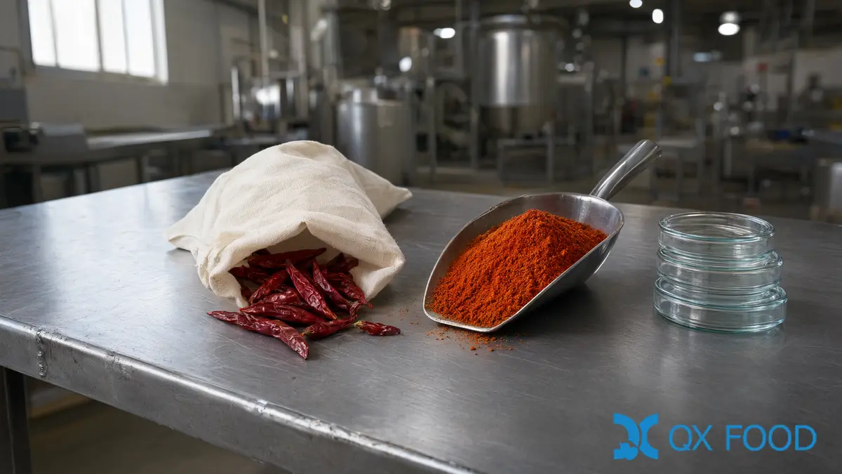 Spice Sterilization Methods for Chili Powder: Steam, Irradiation and EtO 3 Open sample bags of dried chilies with a scoop of powder and closed petri dishes on a QC bench, part of spice sterilization methods inspection