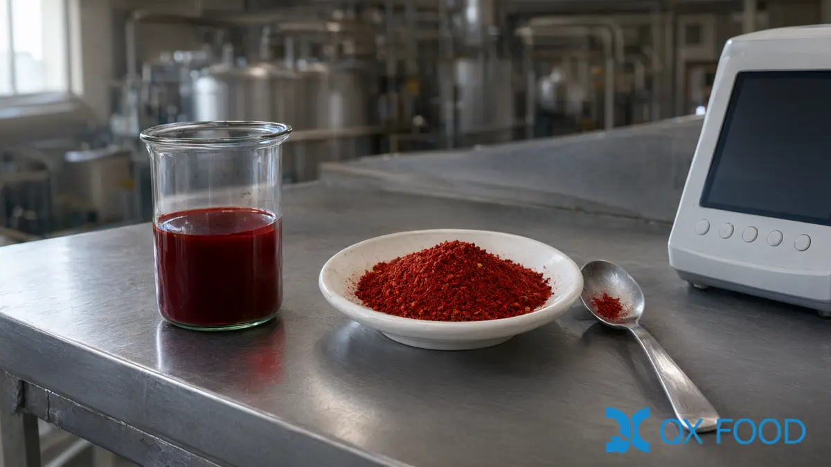 Spice Sterilization Methods for Chili Powder: Steam, Irradiation and EtO 5 A laboratory bench with a beaker of red extract and a dish of chili powder during quality testing
