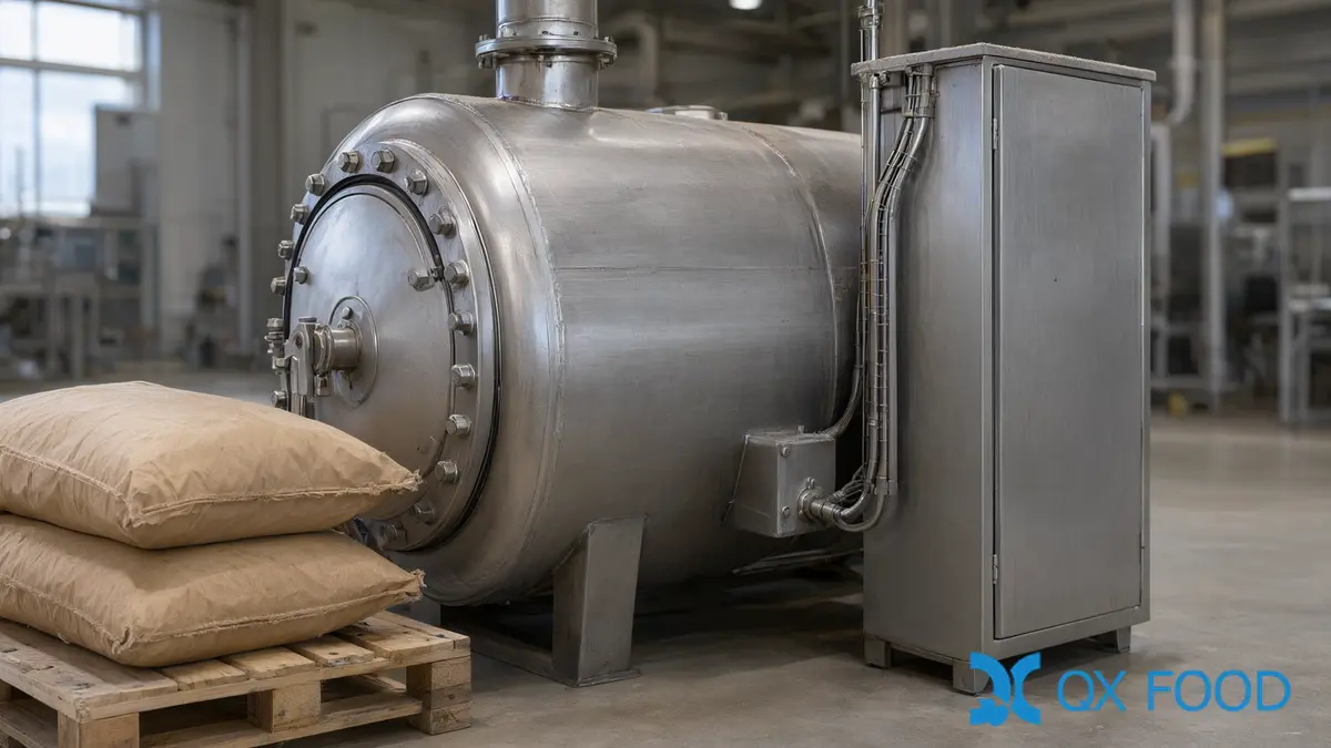 Spice Sterilization Methods for Chili Powder: Steam, Irradiation and EtO 4 A stainless steel steam treatment vessel with ducting and a control cabinet in a food factory