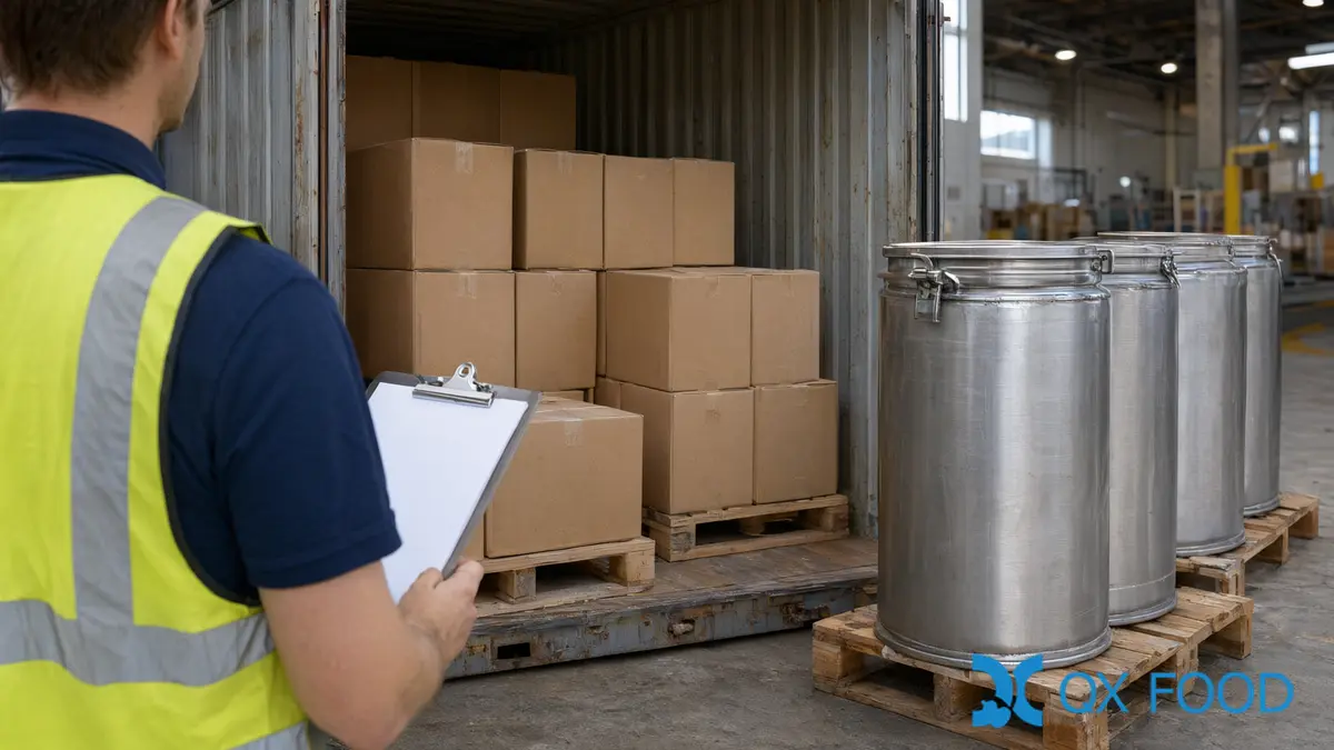 Tomato powder cartons and paste drums staged for a tomato ingredient freight and storage cost comparison
