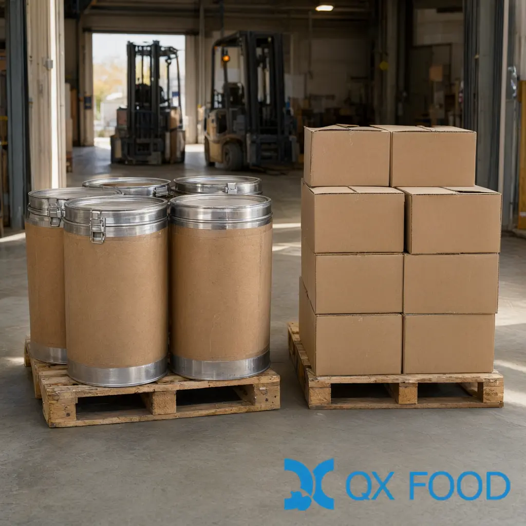 Warehouse loading bay with palletized tomato powder cartons beside stacked paste drums