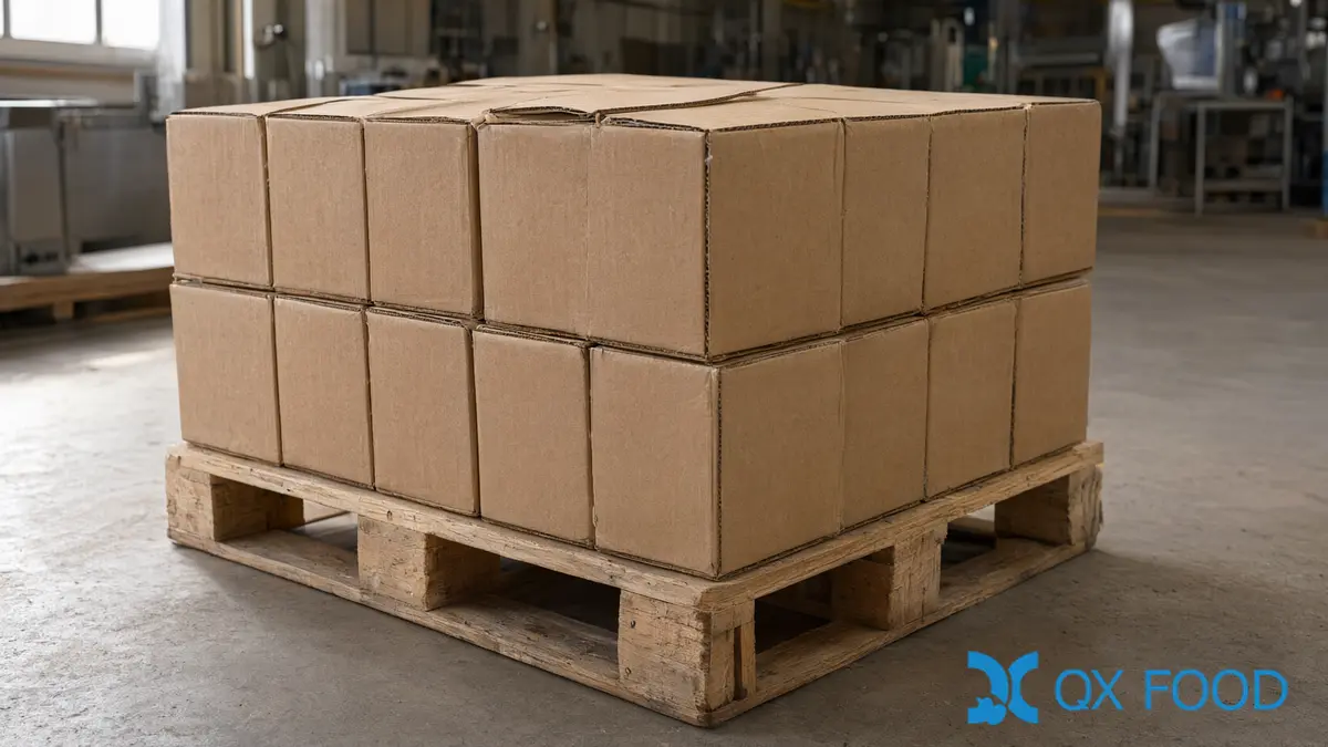 Wooden pallet loaded with plain cartons ready for container loading