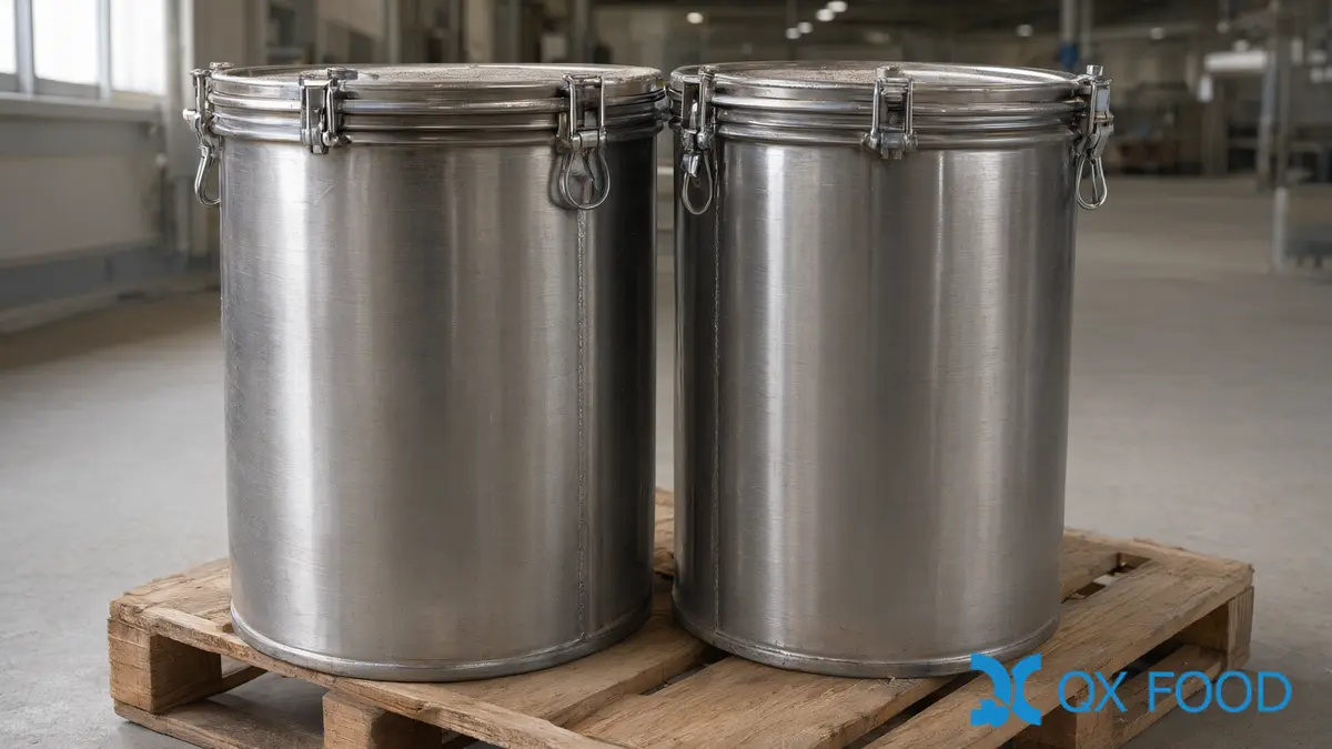Sealed stainless steel drums on a pallet in a clean food ingredient warehouse