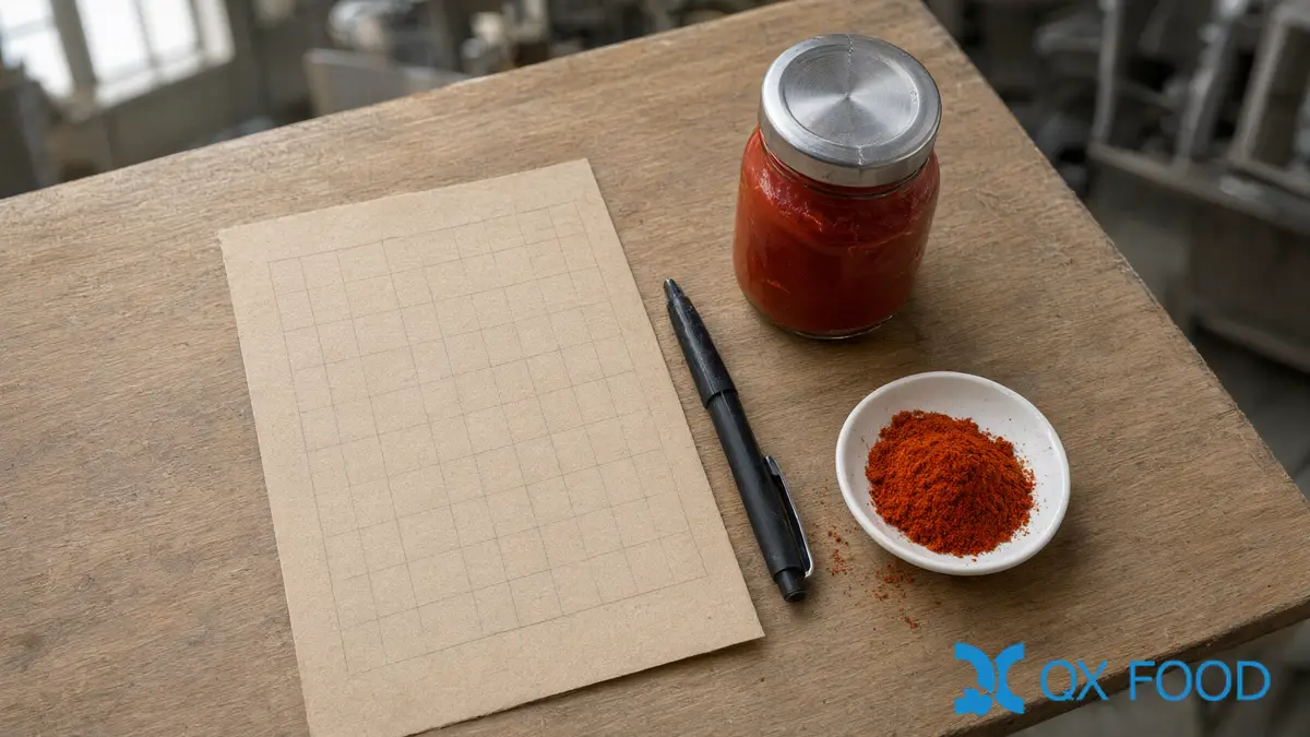 Printed blank comparison worksheet with tomato paste and powder samples on a desk