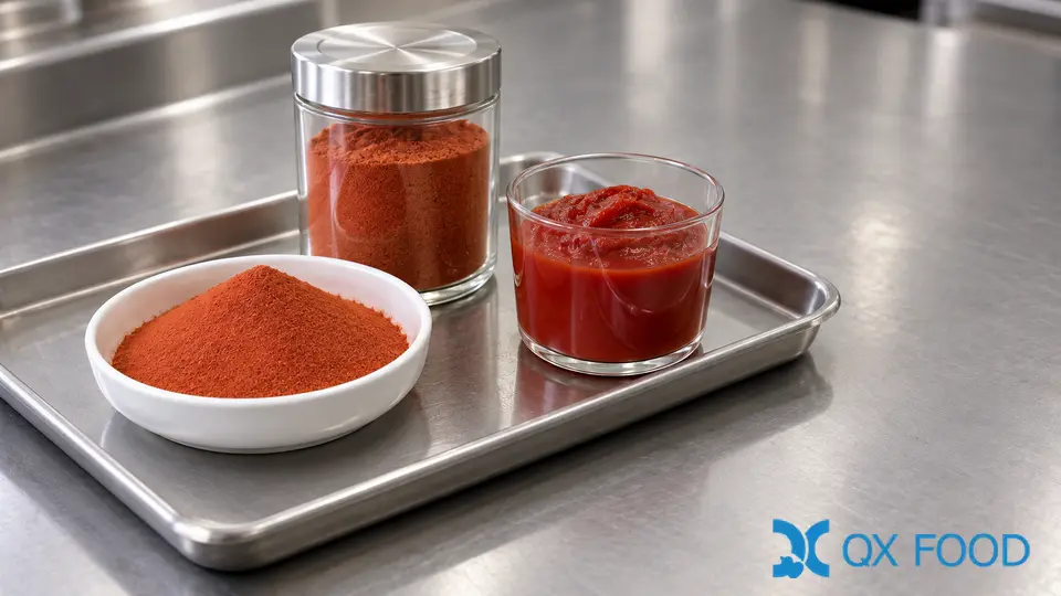 Separate tomato powder samples and a tomato paste reference in plain laboratory containers