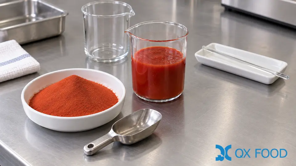 Tomato powder in a white dish beside an opaque red dispersion and an empty beaker