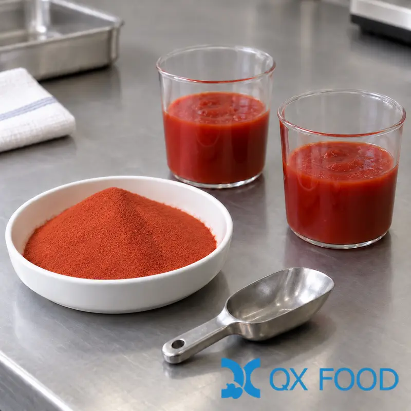 Home 13 Tomato powder for ketchup manufacturing beside prepared sauce samples on a development bench
